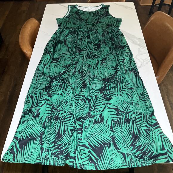 Hount Womens Size 2XL Sleeveless Print Maxi Dress W/ Pockets Green Tropical EUC - Picture 1 of 10
